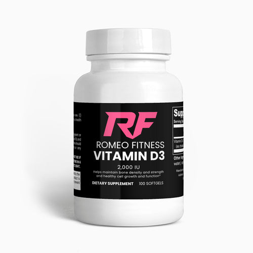 Supplement bottle labeled 'Romeo Fitness Vitamin D3' 